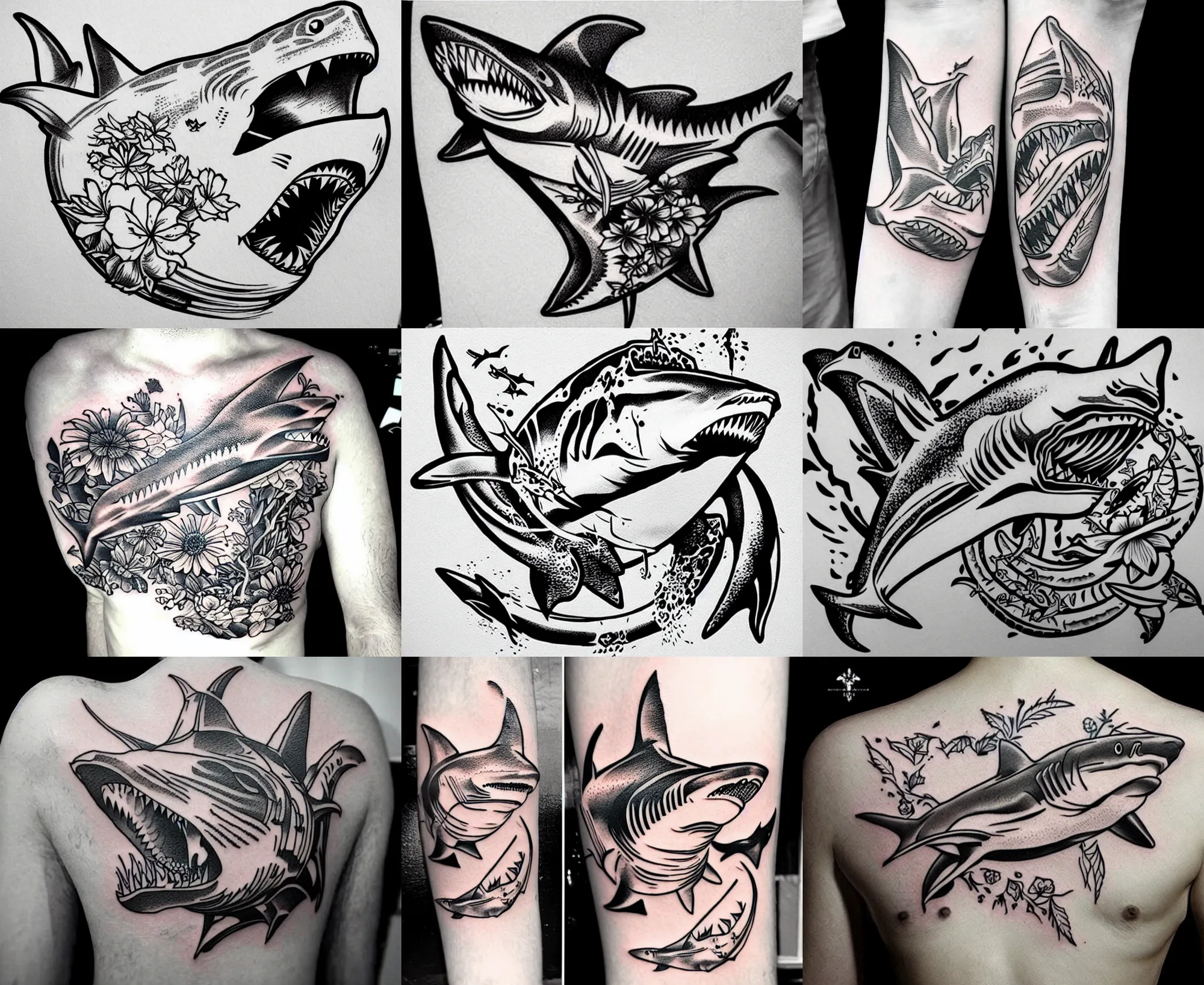 Image similar to detailed amazing tattoo stencil of a floral shark hunting