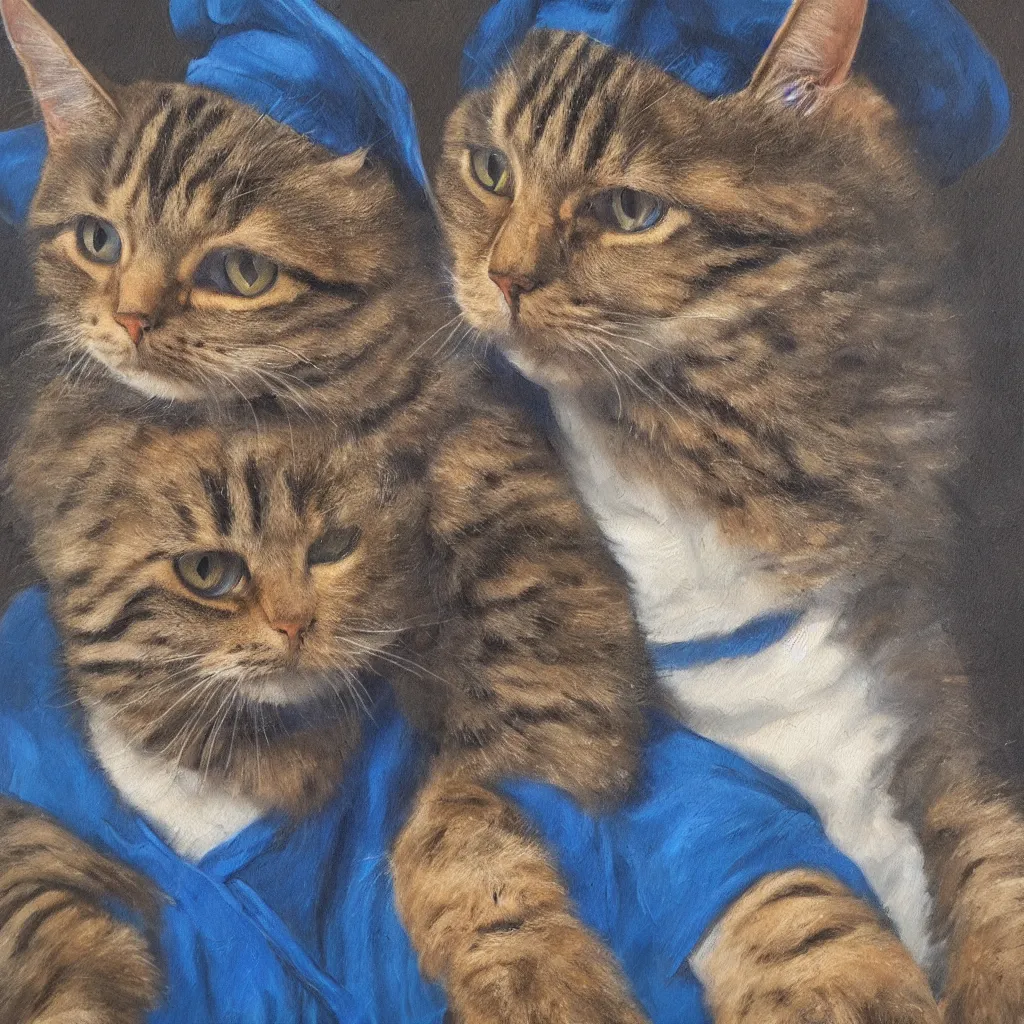 Image similar to oil painting portrait of a cat wizard wearing blue robes