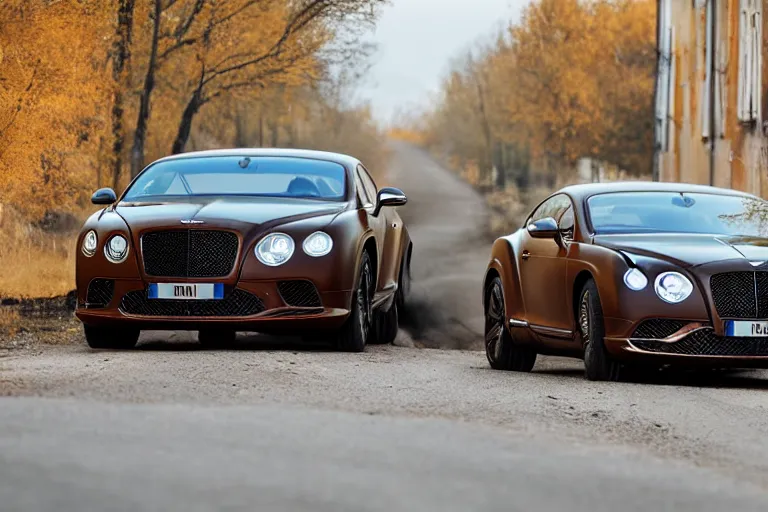 Image similar to modern rusty matte tired Bentley Continental GT without gloss no reflections drives along the road of an old Russian village with houses at the edges