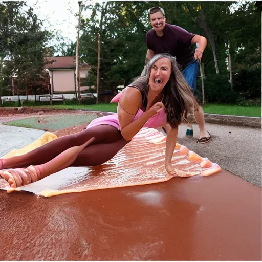 Prompt: adult sliding down chocolate pudding slip n slide legs first, professional photo taken at the park