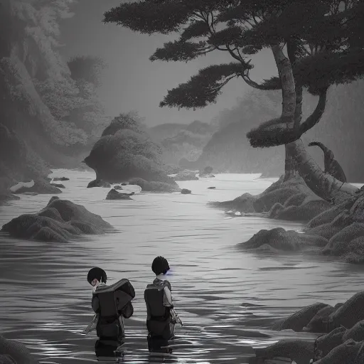 Image similar to character design, twin brothers doing nonsensical stuff in a river or something, in the style of killian eng kawase hasui james jean, artstation trending, 8 k, photorealistic, volumetric lighting caustics, black and white, detailed af