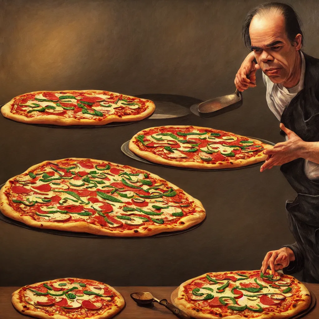 Image similar to hyper detailed 3d render like a Oil painting - nick cave baking pizza by Jacek Yerka, Mariusz Lewandowski, Houdini algorithmic generative render, Abstract brush strokes, Masterpiece, Edward Hopper and James Gilleard, Zdzislaw Beksinski, Mark Ryden, Wolfgang Lettl, hints of Yayoi Kasuma, octane render, 8k