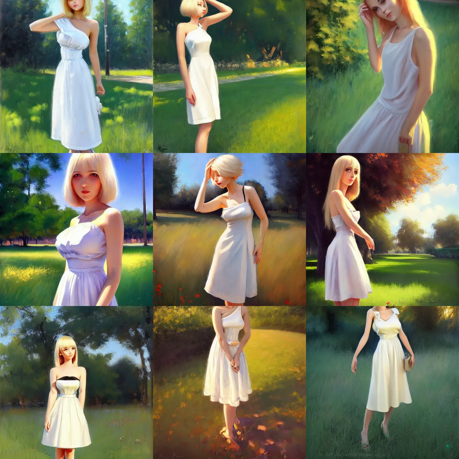 Prompt: beautiful woman in a summer dress, light blonde shoulder-length hair, standing near a park, Ilya Kuvshinov, mark arian
