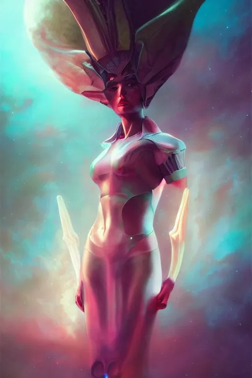 Image similar to a dramatic lighting photo of an elegant alien queen, vaporwave colors, artgerm, tom bagshaw, gerald brom,