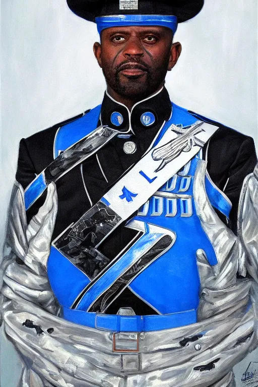 Image similar to full body portrait of the dictator of the orlando magic, 2 0 4 5, in full military garb, magic blue, silver, and black, oil on canvas by william sidney mount, trending on artstation, futuristic