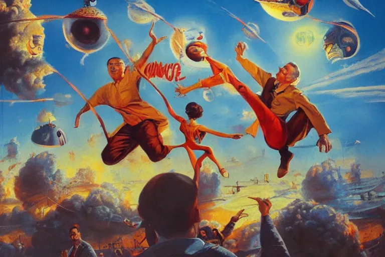 Prompt: a picture of people floating up into flying saucers, the rapture, a detailed action painting by mort kunstler, pixiv, kitsch movement, hellish fiery background, movie poster, official art