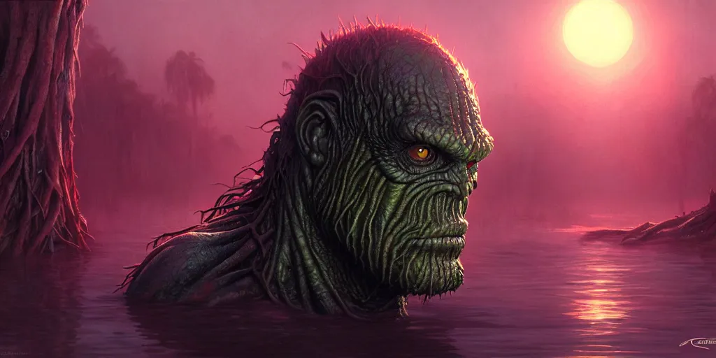Image similar to a close up, swamp monster with red eyes, emerging from the lagoon at sunset, volumetric lighting, highly detailed, digital painting, artstation, concept art, matte, sharp focus, illustration, art by artgerm and greg rutkowski and alphonse mucha