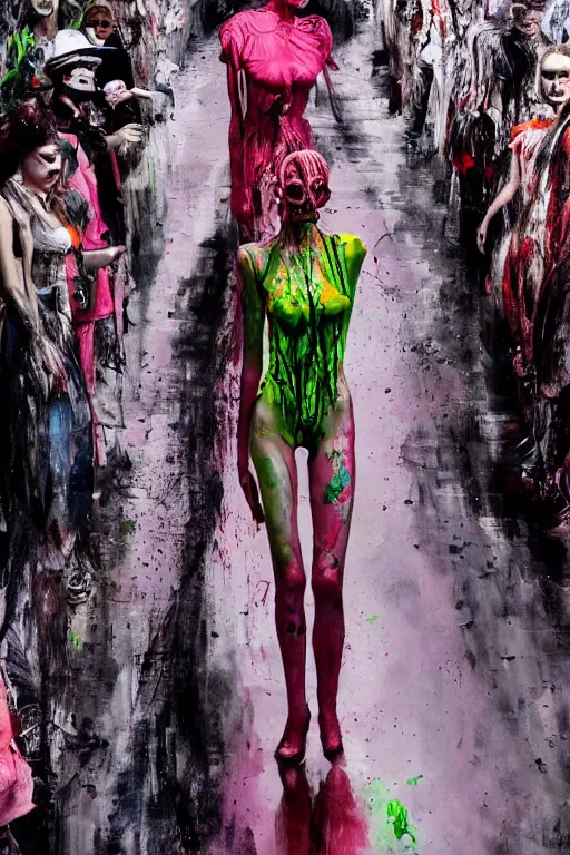 Image similar to crazy fashion catwalk, one model, crazy clothes, biopunk style, horror, clothes look like slime, hauntingly surreal, highly detailed painting by francis bacon, edward hopper, adrian ghenie, gerhard richter, and james jean soft light 4 k,