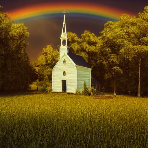 Prompt: old white church chapel with a steeple in an old green meadow and gold sparkles floating around in the air and sky, swirling clouds, swirling glowing gold dust, lush forest, idyllic landscape, sparkles, rainbow across the sky, ethereal, atmospheric, iridescent, volumetric, unreal engine, ray - tracing, film still, artstation, 8 k