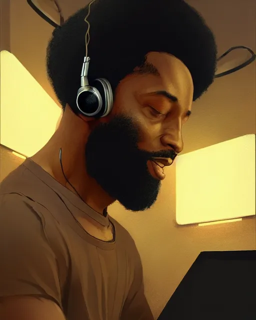 Image similar to light skin black man with headphones at his home studio producing music late at night, very detailed, 4 k, concept art like ernest khalimov, intricate details, highly detailed by greg rutkowski, ilya kuvshinov, gaston bussiere, craig mullins, simon bisley