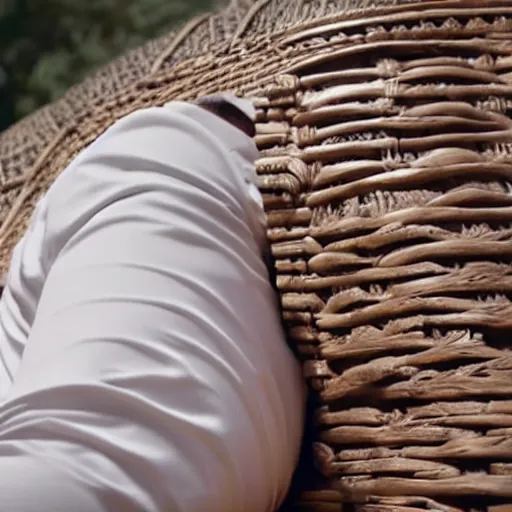 Image similar to close - up of a priest sleeping in a wicker coffin, cinematic shot, photo still from movie by ari aster