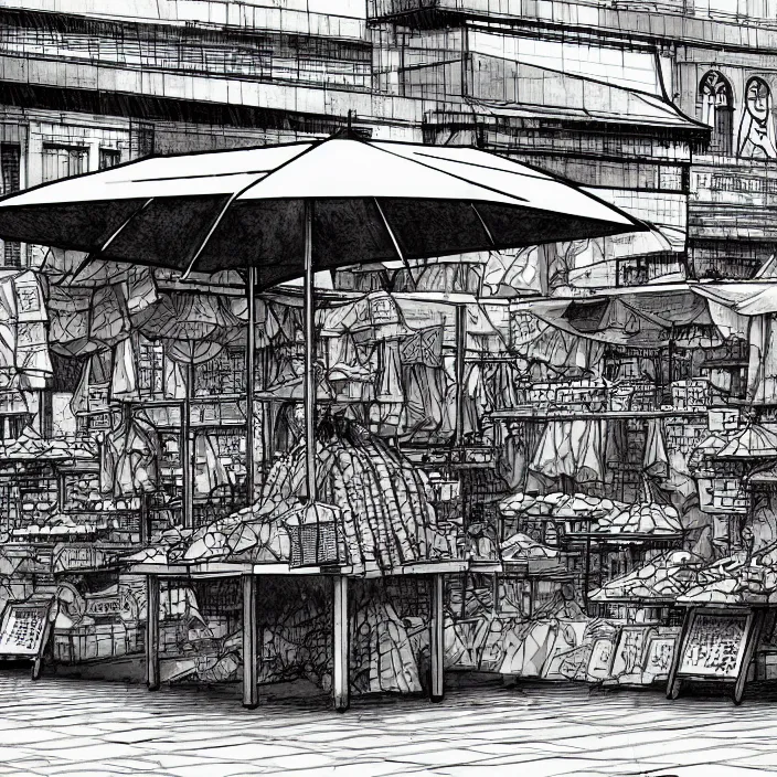 Image similar to close view of a market stall. folded umbrellas on the stall. set in a square. background of an old soviet monument. storyboard, scifi cyberpunk. by gabriel hardman, joe alves, chris bonura. cinematic atmosphere, detailed and intricate, perfect anatomy