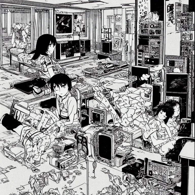 Prompt: manga illustration of teenager playing video games inside creepy 1 9 8 0's living room basement by katsuhiro otomo, kentaro miura, satoshi kon