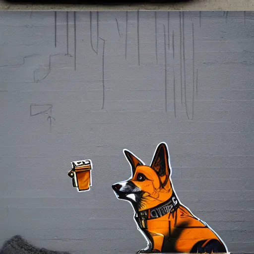 Prompt: a cool cyberpunk corgi, run the jewels album art, street art, graffiti, city, urban, dystopian