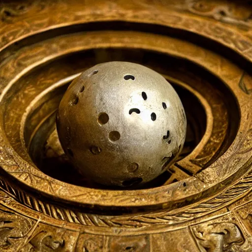 Prompt: an iron ball with weird symbols engraved on it, the ball is on a pedestal. the light enter the room by a hole in the ceiling. closeup. renaissance style.