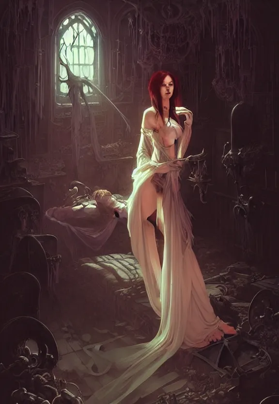 Prompt: Ethereal necromancer at a spooky old attic, fantasy magic, dark pin-up style hair, dark light night, intricate, elegant, sharp focus, illustration, highly detailed, digital painting, concept art, matte, art by WLOP and Artgerm and Greg Rutkowski and Alphonse Mucha, masterpiece