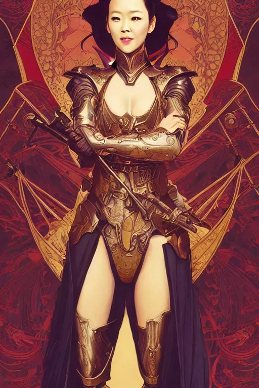 Image similar to full length portrait of zhang ziyi in armour, by eve ventrue, michael carson, andreas rochas, john watkiss, casey weldon, artgerm. art nouveau. tarot card by mucha. gloomhaven. swirly intricate linework background. gaudy colors, sharp edges. octane render