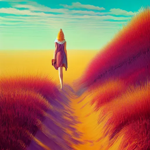 Image similar to portrait, giant dahlia flower head, girl walking between dunes, surreal photography, sunrise, blue sky, dramatic light, impressionist painting, digital painting, artstation, simon stalenhag