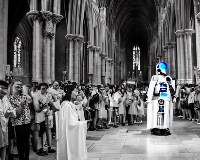 Prompt: R2D2. Getting baptised. In a large cathedral. In front of family and friends. Wide Angle Lens. Maximum detail