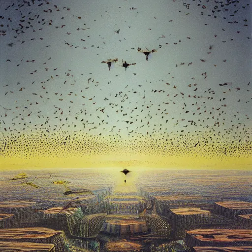 Prompt: an endless city. birds fly overhead. murmuration, it goes in forever, dreamscape masterpiece. salvador dali, highly detailed. barlowe. 8 k.