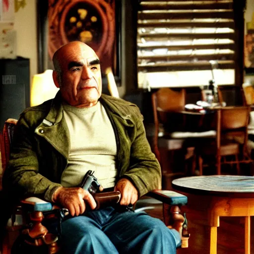 Image similar to lalo salamanca sitting in a chair with his gun