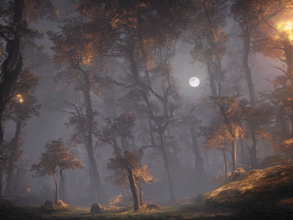 Image similar to unreal engine hyperreallistic render 8k highly detailed 4K fantasy matte painting of a spooky moonlit forest at night in october