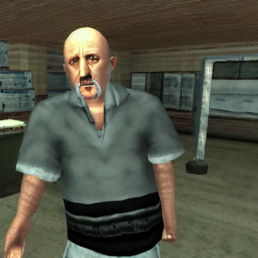 Image similar to Mike Ehrmantraut in GTA San Andreas, screenshot from the game, PS2 quality