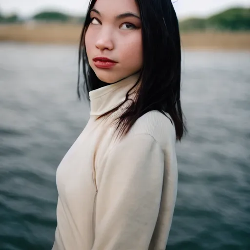 Prompt: Young woman by the river, XF IQ4, f/1.4, ISO 200, 1/160s, 8K, RAW, unedited, sharp focus, symmetrical balance, in-frame