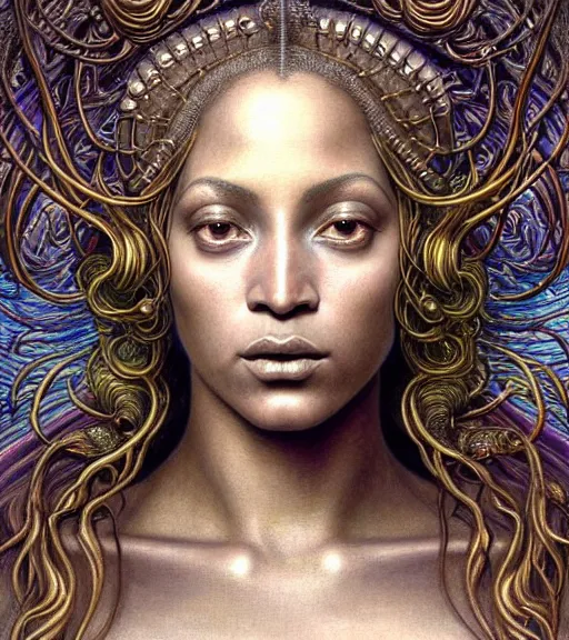 Prompt: detailed realistic beautiful young medieval alien robot beyonce face portrait by jean delville, gustave dore and marco mazzoni, art nouveau, symbolist, visionary, gothic, pre - raphaelite. horizontal symmetry by zdzisław beksinski, iris van herpen, raymond swanland and alphonse mucha. highly detailed, hyper - real, beautiful, fractal baroque