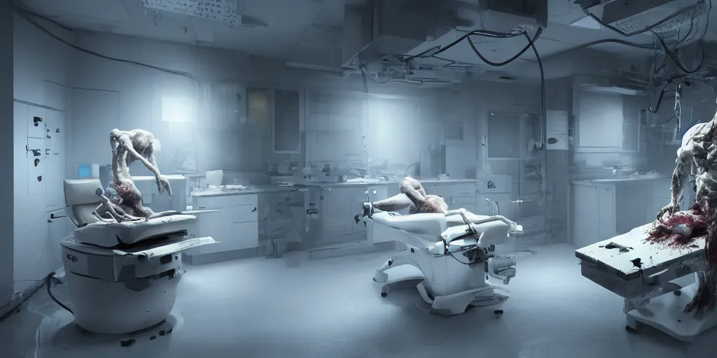 Prompt: High-tech white laboratory with horrible creature on the operating table, horror, dark cinematic, volumetric, realistic, 3d render, Realistic Render, Cinematic lighting, Volumetric lighting, atmospheric, cinematic, unreal engine, unreal engine render, octane render, HD, photorealism, hyper realistic, photo, 8K, in the style of Chris Cunnigham, by Wes Anderson