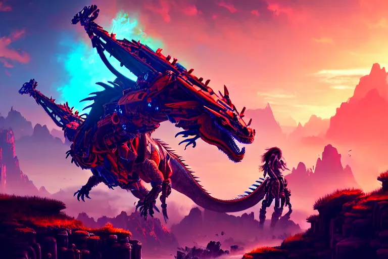 Image similar to dragon machine mecanical creature robot of horizon forbidden west horizon zero dawn bioluminiscence global illumination ray tracing hdr fanart arstation by ian pesty and alena aenami artworks in 4 k