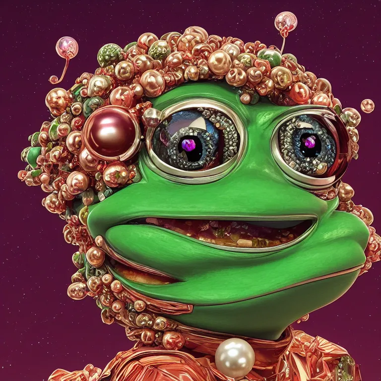 Image similar to maximalist detailed gemstone pepe the frog by adoryanti, machine. delusions, holosomnia, electrixbunny, rendered in discodiffusion. decorated with pearls and gems, behance hd by jesper ejsing, by rhads, makoto shinkai, ilya kuvshinov, rossdraws global illumination ray tracing hdr radiating a glowing aura