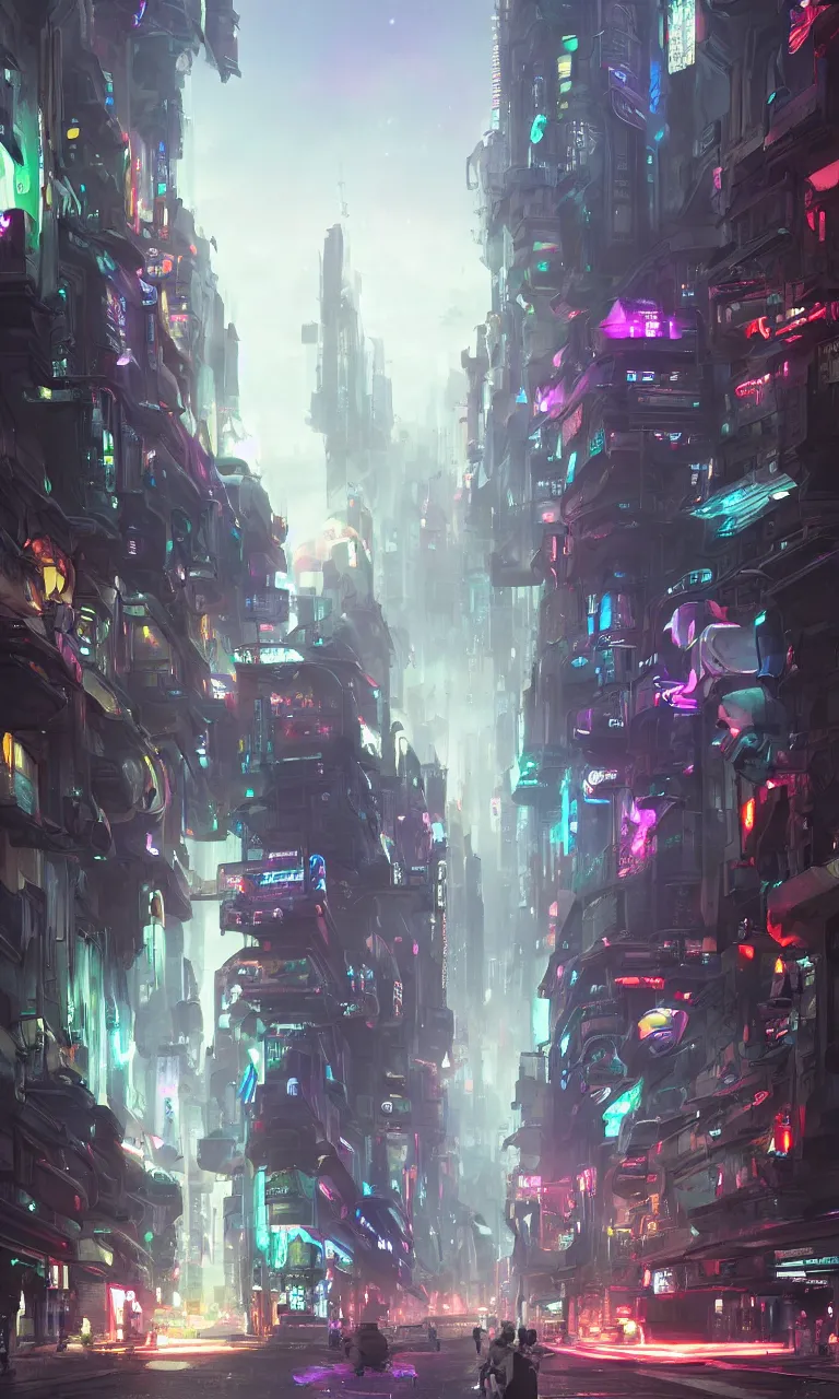 Prompt: A futuristic science fiction city street scene concept map, fantasy matte painting， rich colors, high details，light effect，rtx on，Neon light effect，by Jordan Grimmer and Jonas De Ro and Greg Rutkowski，trending on cgsociety and artstation，unreal engine，Epic scenes ，super wide angle，Overhead view，8kHDR，