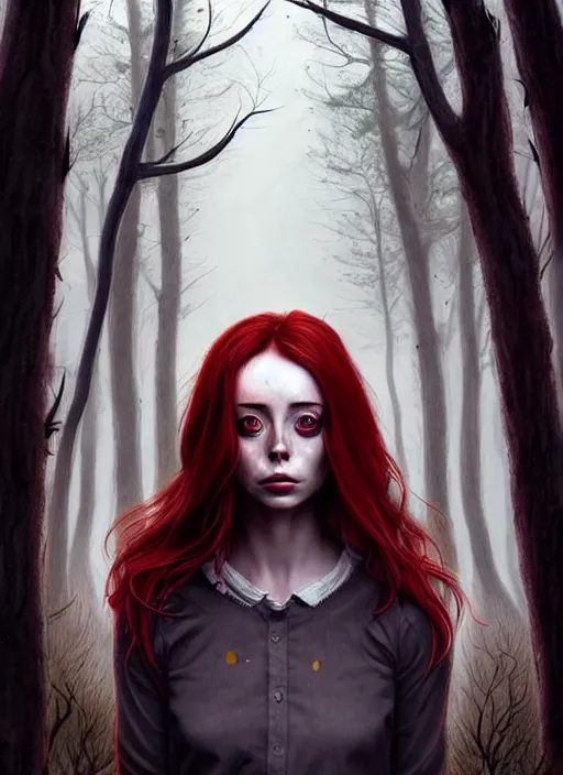 Image similar to surrounded by trees, realistic character concept, gorgeous Kacey Rohl, red hair, small freckles, Wendigo antlers, symmetrical face, symmetrical eyes, full body, covered in blood, dark forest, trees, shorter neck, cinematic lighting, Joshua Middleton and artgerm, fear anxiety terror