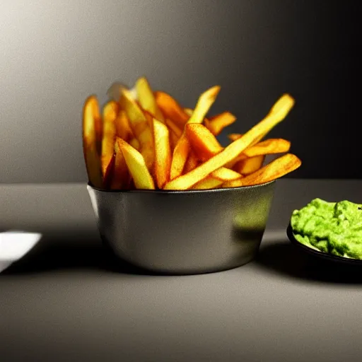 Prompt: french fries covered in guacamole, digital art, moody lighting, trending on artstation