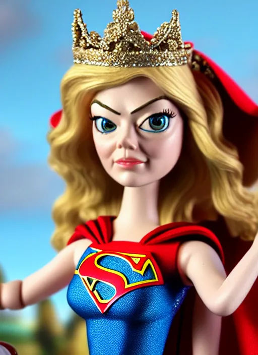 Image similar to highly detailed closeup, face profile portrait of a tin toy emma stone as supergirl as a fairytale princess wearing a crown, bikini, unreal engine, nicoletta ceccoli, mark ryden, earl norem, lostfish, global illumination, detailed and intricate environment