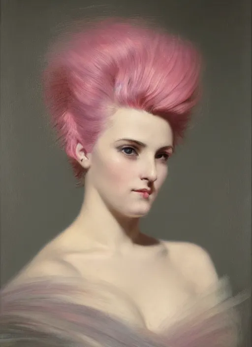 Prompt: a detailed portrait of woman with a mohawk by edouard bisson, year 1 9 6 0, pink hair, punk rock, looking at the camera, oil painting, muted colours, soft lighting