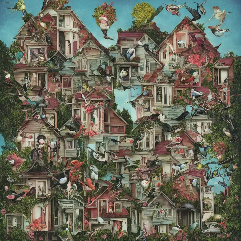 Image similar to anamorphic birds walking past a house, lowbrow surrealistic, in the style of Mark Ryden,