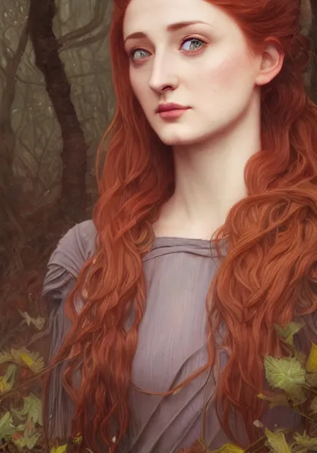 Image similar to portrait of sansa stark in foggy forest, autumn, november, intricate, elegant, highly detailed, digital painting, artstation, concept art, smooth, sharp focus, illustration, art by artgerm and greg rutkowski and alphonse mucha and william - adolphe bouguereau