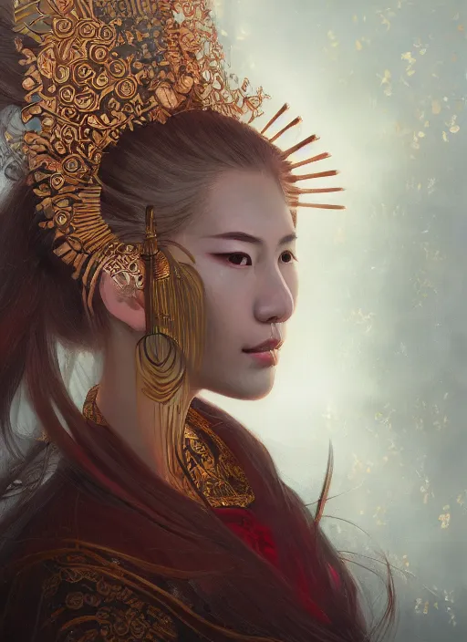 Prompt: a beautiful detailed oil on copper art illustration of a japanese namanari mask woman, centered, by charlie bowater, zeng fanzh, trending on artstation, dim dusk lighting, cinematic lighting, detailed lighting, volumetric lighting, realistic, f 8, 4 k hd wallpaper
