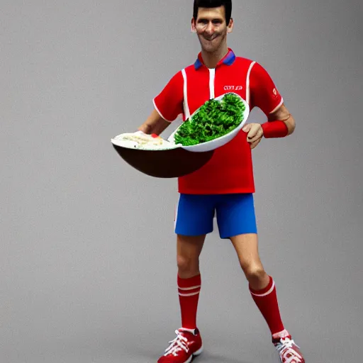 Image similar to novak djokovic as grubhub character, octane render, realistic texture, depth of field, rolleiplex tlr