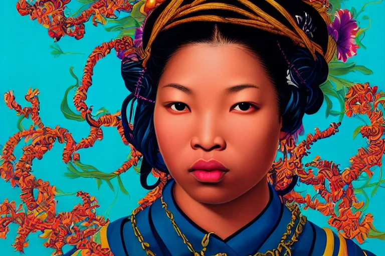 Prompt: am asian girl pirate with iridescent skin by kehinde wiley