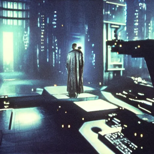 Image similar to 1 9 8 2 film stills of blade runner's deckard on his computer, upscaling a photo. his futuristic room is dark and atmospheric, touches of frank lloyd wright and syd mead,.