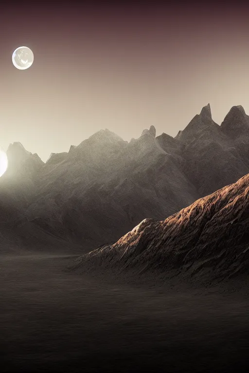 Prompt: a cgi landscape image with a moon and mountains, cinematic matte painting, extreme detail photo quality, dark moody colors, featured on behance
