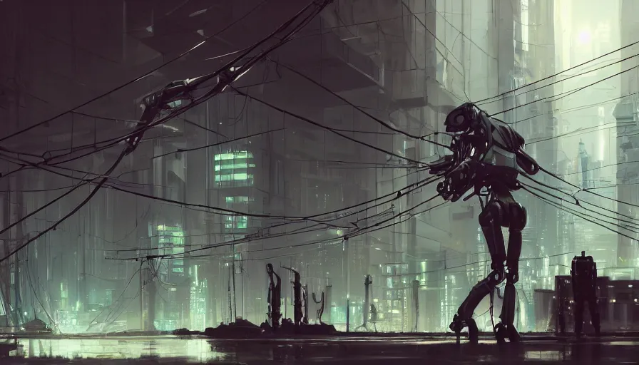 Image similar to a detailed concept painting of half a robot torso hanging by wires in a desolate cyberpunk environment filled with computers, soft lighting, digital art, artstation, oil on canvas