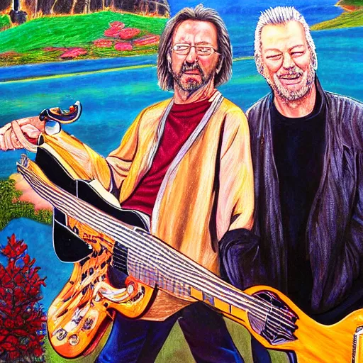 Image similar to portrait of eric clapton with david gilmour, joyful, highly detailed painting by akira toriyama, 8 k