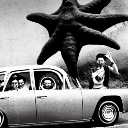 Image similar to 1960s press archive of middle-aged Kim Jong-il coming out of a car and a giant starfish-monster arm crushing the car, underexposed, kaiju-eiga by Ishirō Honda