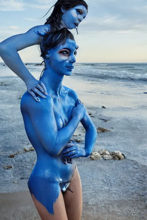 Prompt: a young italian woman dressed as a blue-skinned triton from DND standing on a beach, blue body paint, high resolution film still, 8k, HDR colors, cosplay, outdoor lighting, high resolution photograph, photo by bruce weber, beautiful symmetric face