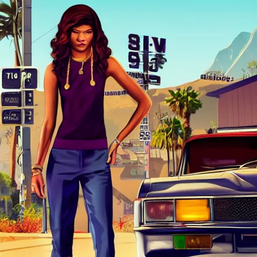 Prompt: zendaya gta v cover art