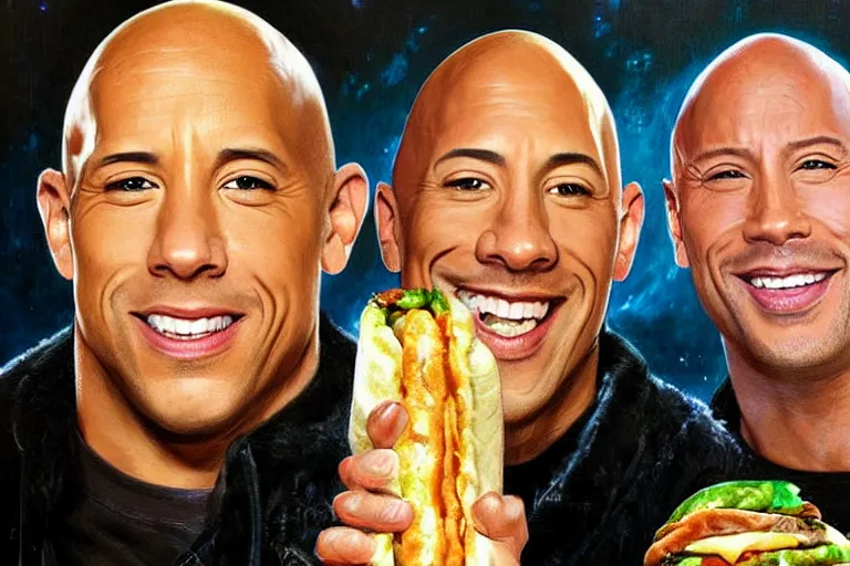 Image similar to portrait of vin diesel and dwayne the rock johnson sharing a footlong sub sandwich, an oil painting by ross tran and thomas kincade